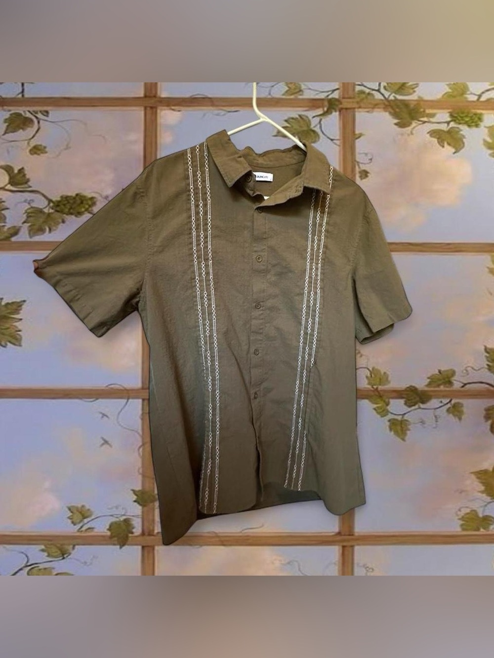 Runcati Men’s Tan Embroidered Linen Button-Up Shirt Size L